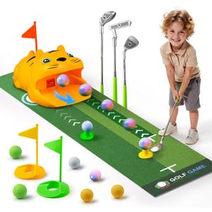 Putting Green Indoor with Toddlers Golf ClubsParty Game with Automatic Golf Bounce Back Machine,Outdoor Training mats,Light up Balls,Gifts for 3 Year Old boy&Girl