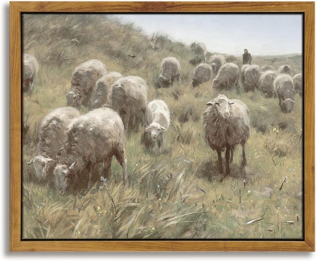 InSimSea Framed Canvas Wall Art Vintage Decor, Sheep On The Dunes Oil Painting Prints, Eclectic Room Decor, Retro Wall Art for Bedroom Home Bathroom Wall Decoration, 8"x10" (10L" x 8W", Op de duinen)