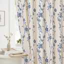 Navy Blue Farmhouse Linen Shower Curtain, Boho Floral Fabric, 72 x 72