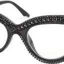 Cat Eye Reading Glasses Bling Rhinestone Magnified Blue Light Blocking Reader Glasses Black 1.75x