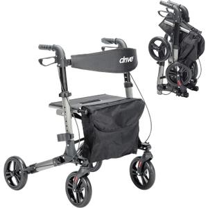 Drive Medical Compact Folding Rollator - Lightweight Foldable Walker for Seniors, 4-Wheeled Walker with Seat & Brakes, Space-Saving & Portable Travel Rollator with 8-Inch Wheels - Just 15.4 Pounds