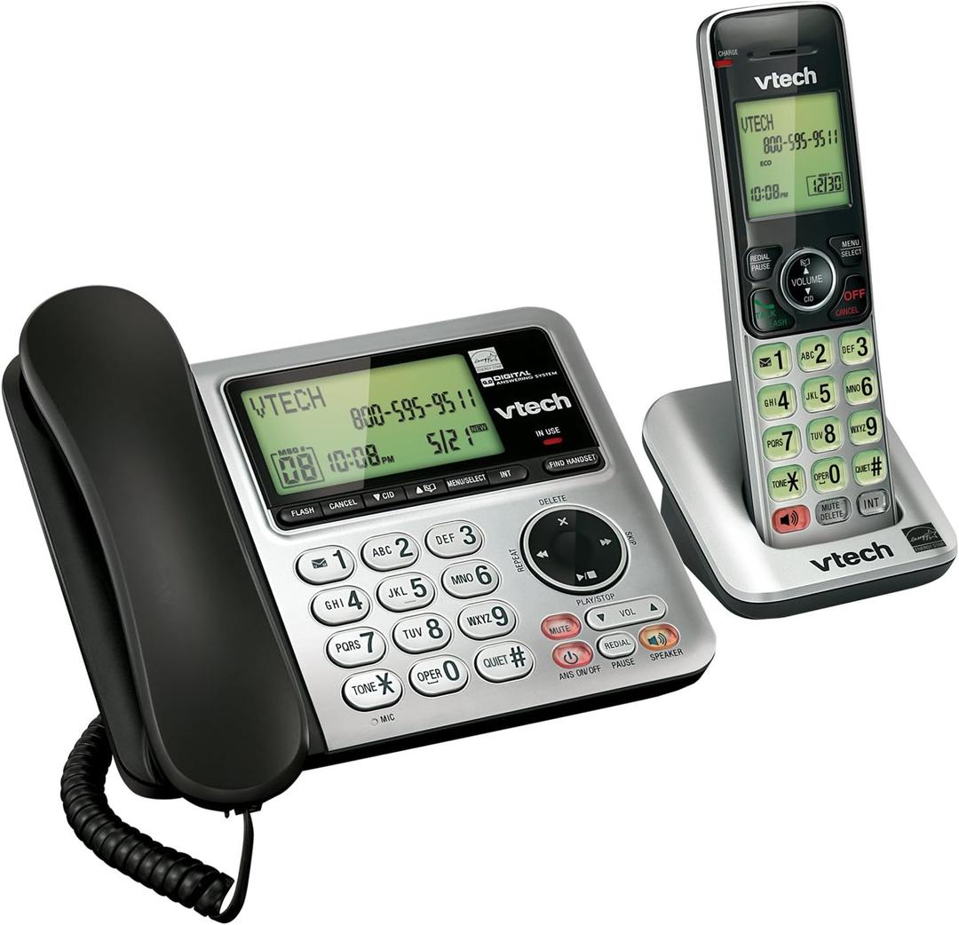 VTech CS6649 DECT 6.0 Expandable Corded/Cordless Phone with Answering System and Caller ID/Call Waiting, Silver/Black with 1 Handset