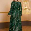 Women's Plus Sized Long-Sleeved Sequined Dress V-Neck Design high Slit Oversized Skirt Formal Ball Gown Party Evening Dress (Green, XXXL)