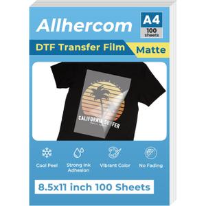 DTF Transfer Film - A4 Direct-to-Film Matte Clear Pretreat Sheets for T-Shirts Printing, PET Heat Transfer Paper for Epson Inkjet Printer DTG Printer, DIY Dark or Light Colors Fabric (A4 100 Sheets)