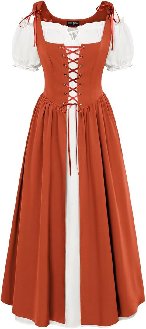 SCARLET DARKNESS Renaissance Costume Women Peasant Medieval Dress Short Sleeve Maxi Fairy Dresses with Pockets (Medium, Orange)