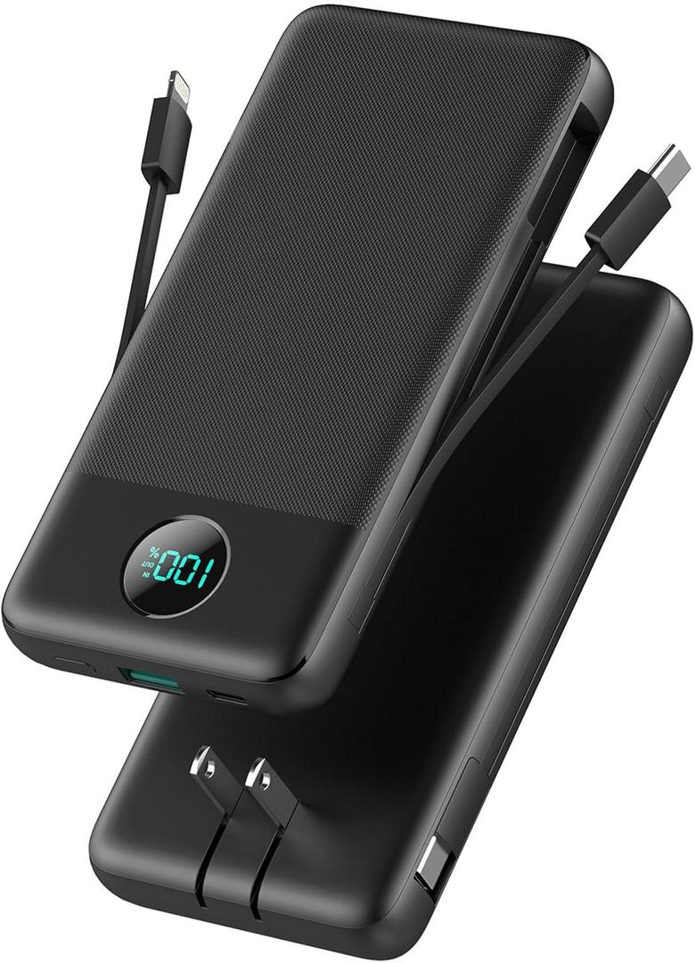Portable Charger USB C Power Bank with 2 Built in Cables & AC Wall Plug,13800mAh Portable Battery Pack Fast Charging Compact LED Display Universal Compatible with iPhone 16/15,Galaxy S23,Tablets etc