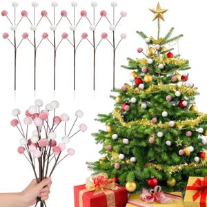 6 Pcs 14 Inch Christmas Tree Picks Velvet Christmas Ornaments Spheres Ball Pick Velvet Xmas Tree Branches Hanging Decoration Wreath Home Office Party Ornament(Pink,White)