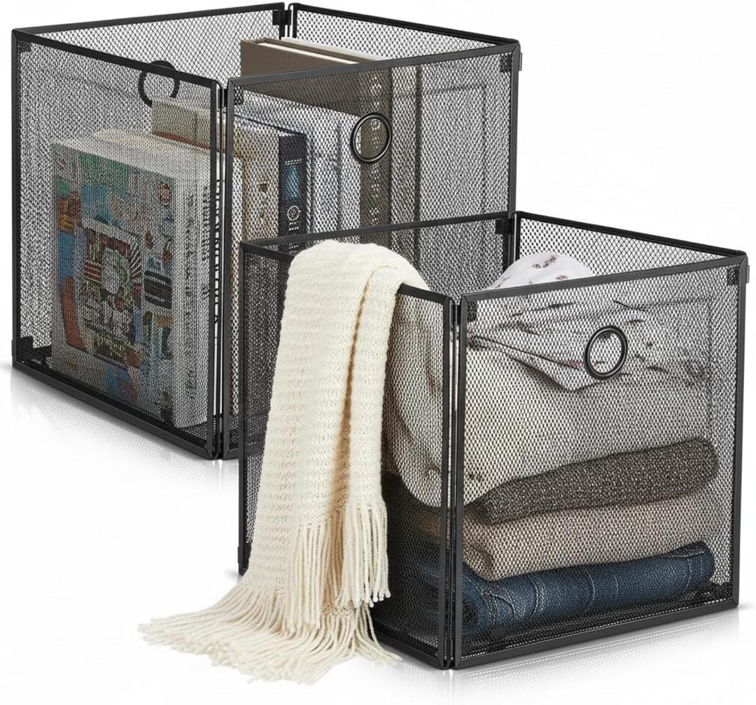 2 Pcs Foldable Metal Cube Storage Baskets 13x13 Inch Wire Bins with Handles for Graduation Gift, College Dorm Moving, First Apartment Organization, Bathroom Pantry Closet (Black)