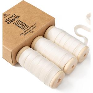 Vitalizart Ivory Velvet Ribbon Set 3/8" x 15 Yd Wooden Spool Fabric Trim 3 Rolls * 5 Yd for Christmas Wreath Decoration Handmade Craft Ornaments Gift Wrapping & Bow Making