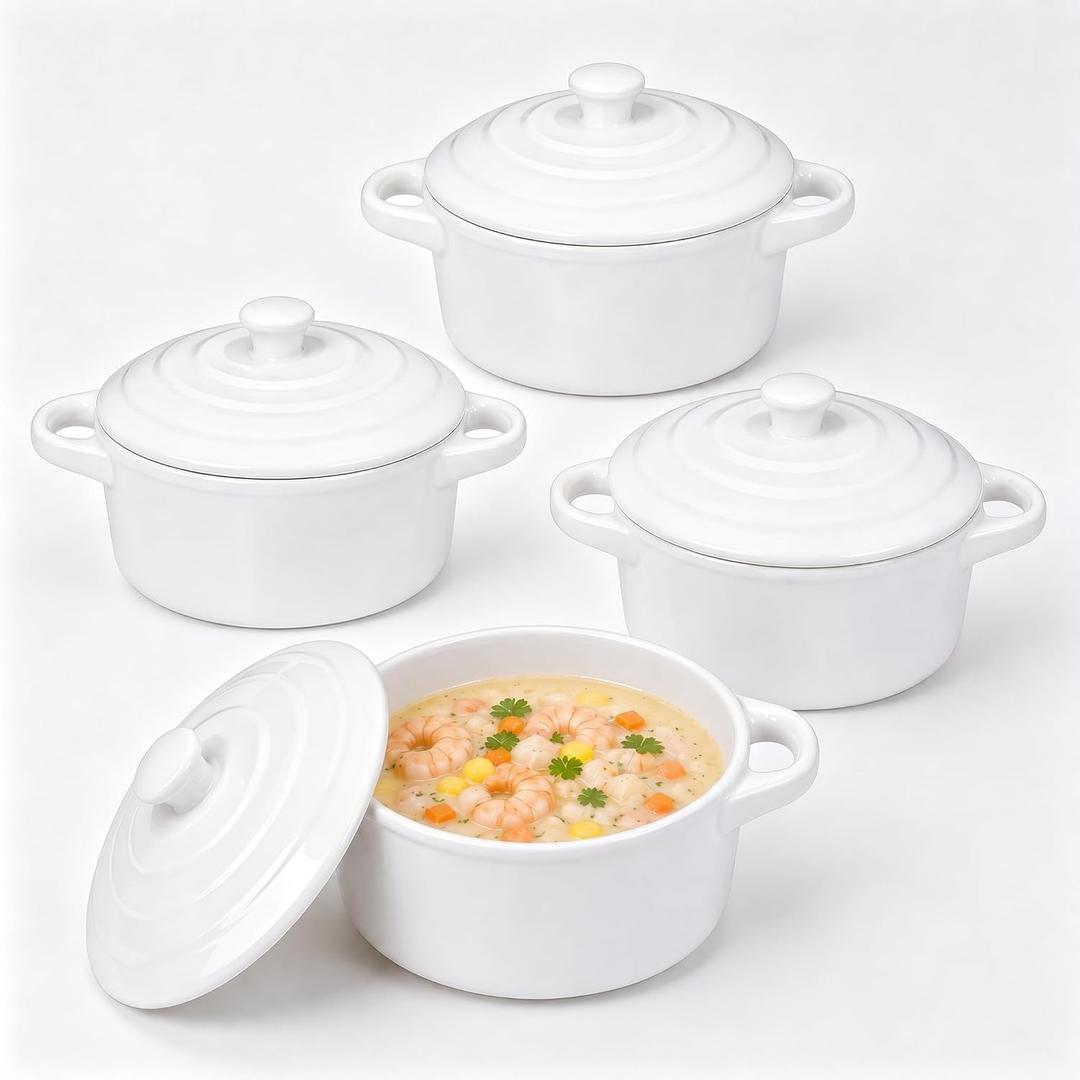 Mini Dutch Oven Set of 4, 15 oz Ceramic Mini Dutch Ovens with Lids and Handles, Ramekins with Lids for French Onion Soup, Pot Pies, Souffls and Baked Desserts, Oven Safe, Microwave and Dishwasher Safe, Mini Cocotte