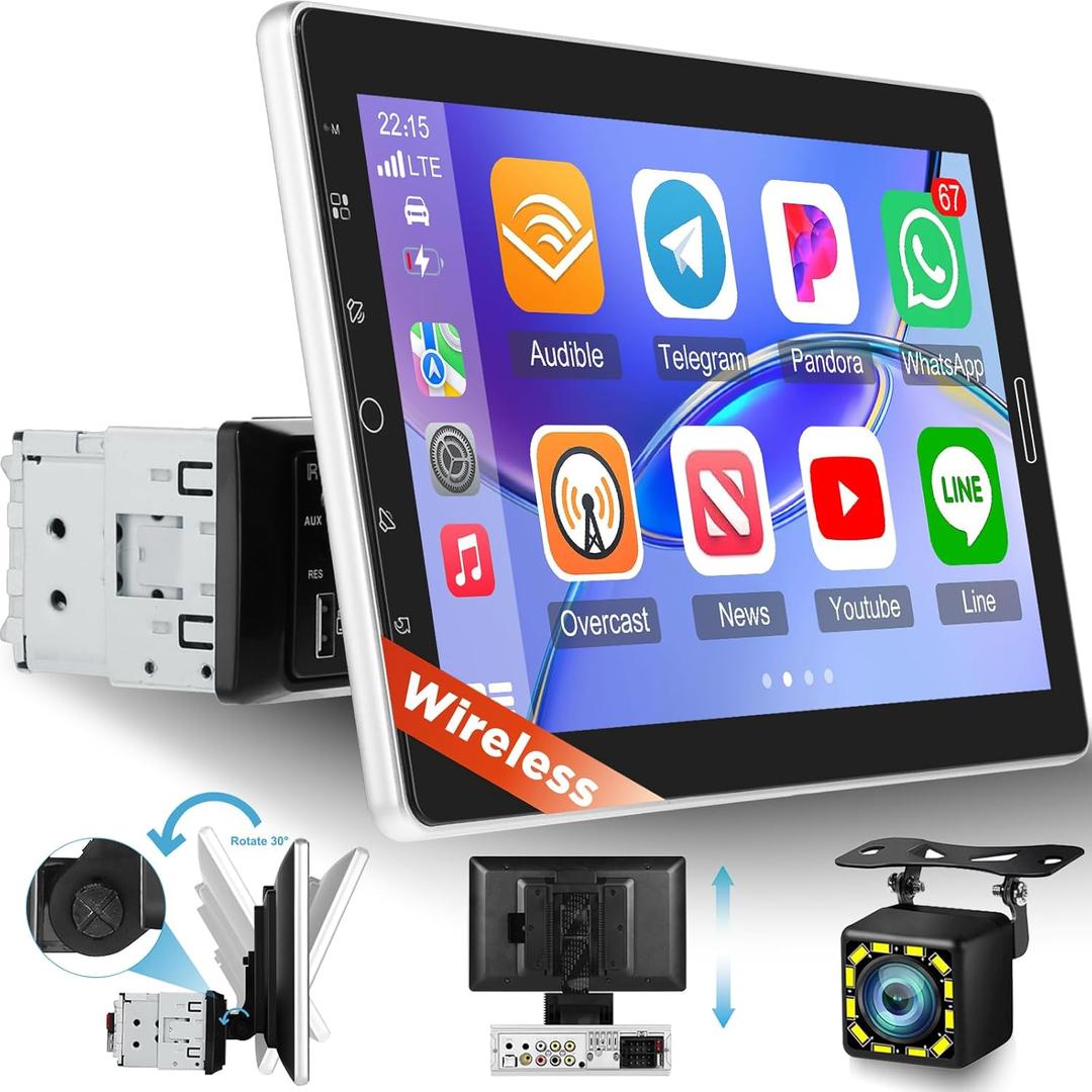 10.1 inch Single Din Car Stereo with Wireless Carplay 10 inch Touchscreen Radio Support FM Radio/YouTube Video/Car Play/Android Auto/Bluetooth/SWC + Backup Camera + Mic