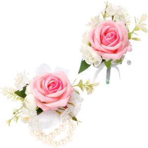 Wrist Corsage and Boutonniere Set, Artificial Rose Corsage Wristlet and Boutonniere for Wedding Prom Party (Pink 1 Boutonniere&1 Wrist Corsage)