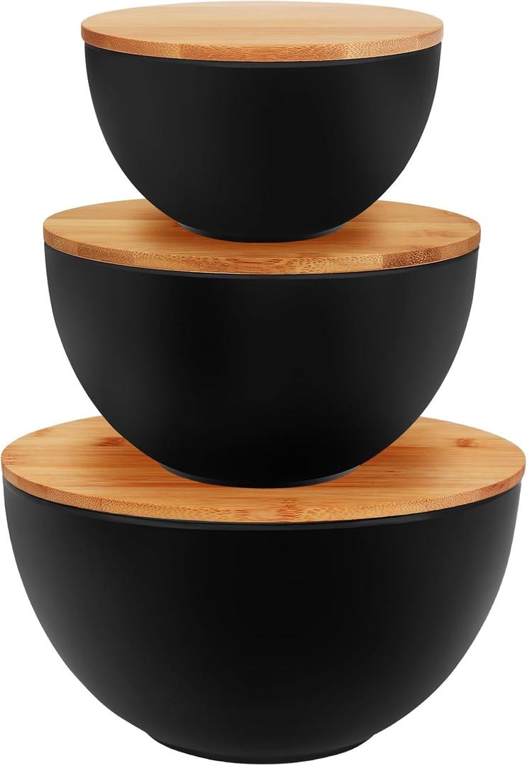 ShineMe Salad Bowl Set of 3, Natural Bamboo Fiber Salad Serving Bowls with Lids, Mixing Bowl for Preparing and Serving Salad, Cereal, Fruit, Veggies, Popcorn, Chips & Bread(10", 8", 6")