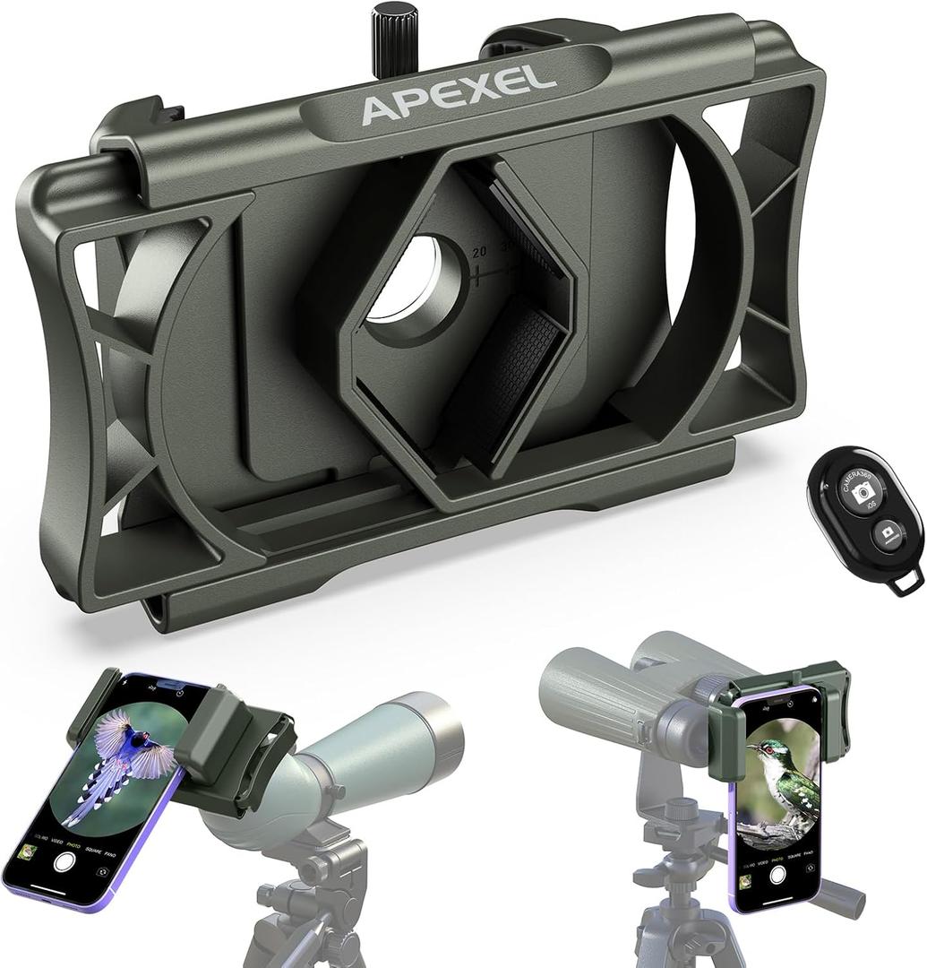 APEXEL 360 Telescope Phone Adapter, Upgraded Binocular Photo Adapter for Android & iPhone, Smartphone Mount for Telescope, Monocular, Microscope, Spotting Scope. (Including Bluetooth Shutter Remote) (Green)