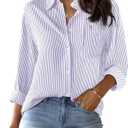 Striped Button Down Shirts for Women Cotton Dress Shirts Long Sleeve Collared Blouses Work Business Casual Tops - Purple and White L