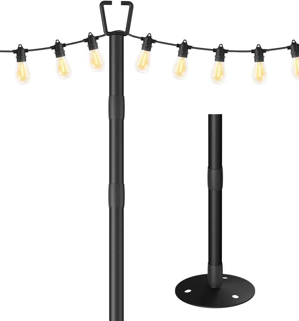 10FT String Light Poles for Outdoor Decor, Sturdy Light Pole with Hard Ground Base, Adjustable Metal Posts for Outside Patio, Backyard, Deck, Garden, Party, Wedding