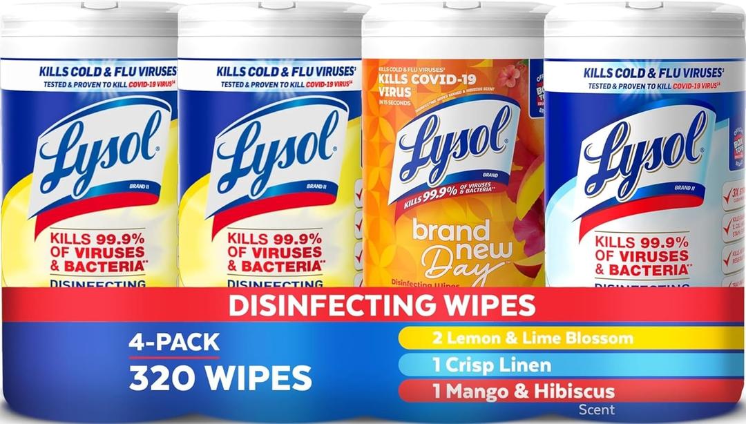LYSOL Disinfecting Wipes, All Purpose Cleaner, Multi-Surface Antibacterial Cleaning Wipes, Household Cleaning Supplies, Dorm Essentials, Lemon + Mango & Hibiscus + Crisp Linen Scent, 80 ct. (4 Pack)
