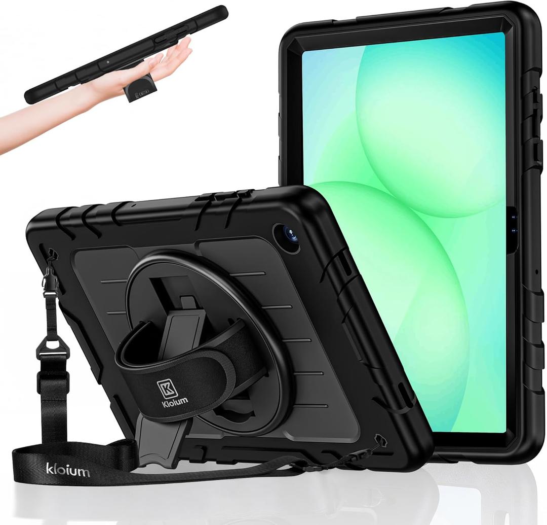 Case for Galaxy Tab A11 Plus 11 Inch 2025 and Galaxy Tab A9 Plus 11 Inch 2023, Heavy Duty Shockproof Rugged Protective Case with 360 Rotating Stand Kickstand, Hand Strap and Shoulder Strap, Black