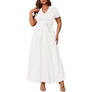 Runwind Women’s Plus Size Maxi Dress Short Sleeve Casual Summer Long Dress Solid V-Neck Dresses (White, XL)