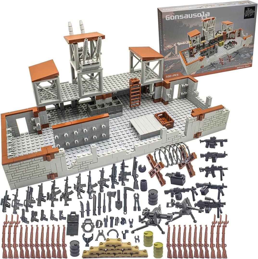 Gonsausola 500+ Pcs Military Base Building Brick Sets Include Defence Base Guard Tower for Army Mini Figures, Weapon Pack Accessories Kits Toys, Guns Weapons Building Block Toy for Kids