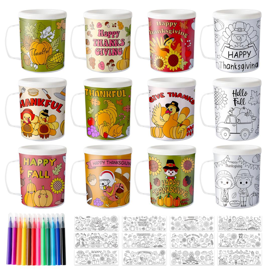 Thanksgiving Color Your Own Mugs for Kids-12Pcs Fall Bulk 8oz Personalized Coffee Mugs with 36Pcs Insert Paper Autumn Pumpkin Turkey DIY Plastic Cups for Thanksgiving Harvest Holiday Party Supplies