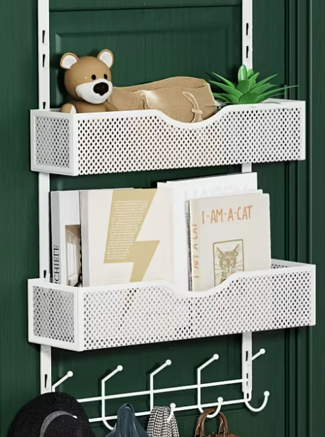 Hanging Organizer with Hooks for Doors, Includes Coat Hooks And Two Mesh Baskets for Storing Clothes, Ideal for Back of Door Use in Bathroom, Kitchen, Or Bedroom -White (Fits 4.47cm Doors)