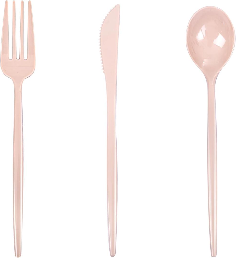 PULOTE 150PCS Pink Plastic Silverware - Plastic Cutlery Heavy Duty - Pink Utensils Set Disposable Include 50 Forks, 50 Spoons, 50 Knives for Wedding, Party & Mothers Day