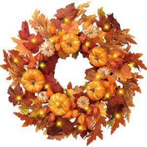 Sggvecsy Fall Wreath 21Artificial Autumn Front Door Wreath with Orange Pumpkins Maple Leaves Lantern Fruit Cape Gooseberries for Outside Indoor Wall Window Festival Thanksgiving Harvest Fall Decor
