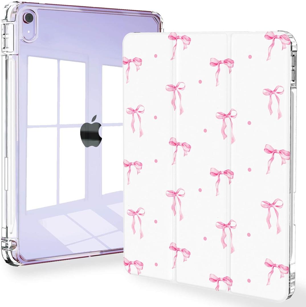 Feams Slim Case for iPad Air 11-inch M4/M3/M2 (2026/2025/2024), iPad Air 5th/4th Generation (2022/2020) 10.9 Inch Case Clear Back with Pencil Holder & Auto Sleep, Pink Bow