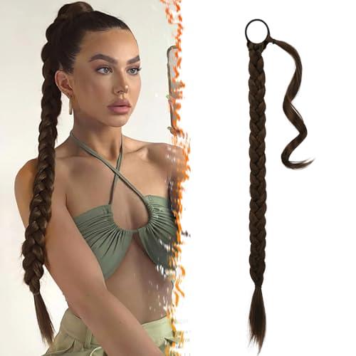 BARSDAR 30 Inch Long Braided Ponytail Extension with Hair Tie - Straight Sleek Wrap Around Brown Braided Ponytail Hair Extensions - Synthetic Pony Tails Hairpieces for Women - Brunette Brown