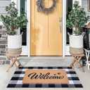 Welcome Door Mats Combo Set, 100% Coco Coir Front Doormat with Cute Pet Paw Prints + 28" x 43" Black and White Plaid Rug, Spring Easter Porch Entryway Decor Indoor Outdoor Floor Mats