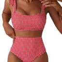 Herseas Womens Bikini Sets Two Piece Full Coverage Swimsuits Shoulder Strap Knot Padded High Rise Tummy Control Bathing Suits Teens Beach Vacation Clothes Red Checkerboard Medium