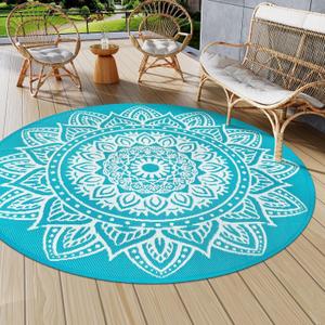 famibay Round Outdoor Rug 8ft Outdoor Plastic Straw Rug Boho Round Patio Rugs Outdoor Waterproof Reversible Camping Rug Potable Lightweight Circle Outdoor Rug for Patios Backyard Camping Porch(Teal)