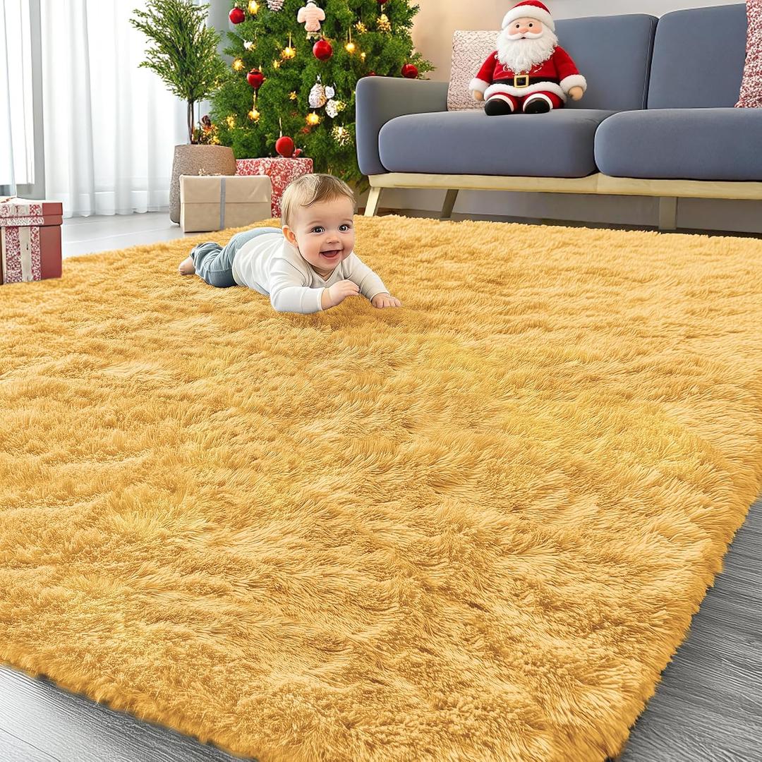OLANLY 8x10 Machine Washable Large Area Rugs for Living Room, Bedroom, Soft Fluffy Shaggy Bedside Rug, Indoor Floor Carpet for Kids Girls and Boys, Dorms, Nursery, Home Decor Aesthetic, Mustard Yellow