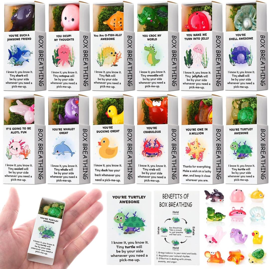 Halloscume 60 Sets Employee Appreciation Gift Box Bulk Mini Resin Sea Ocean Animals Breathing Gift Bulk Emotional Support Positive Box for Staff Coworkers Team Mental Health Care