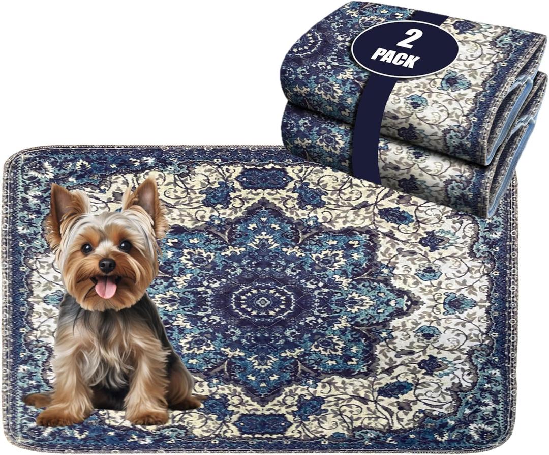 PUPIBOO Washable Pee Pads for Dogs - Super Absorbent Reusable Puppy Training Pads - 100% Waterproof, Leak-Proof & Non-Slip Whelping Pads for Pet Housebreaking (1.5FT x 2FT (Pack of 2), Blue Medallion)