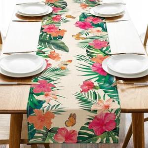 Croar Summer Hibiscus Flower Dining Table Runner, Tropical Plant Palm Leaves Monstera Butterfly Burlap Kitchen Decoration, Spring Hawaiian Luau Indoor Outdoor Home Decor Party Supply 13 x 72 Inches