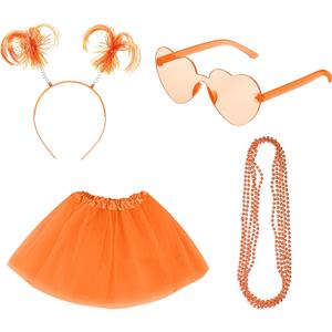 Women Tutu Costume Accessories Set Adult Blue Red Green Tulle Skirt Halloween 80s Party Headband Necklace Sunglasses (Small, Orange)