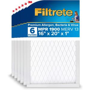 Filtrete 16x20x1 AC Furnace Air Filter, MERV 13, MPR 1900, Premium Allergen, Bacteria & Virus Filter, 3-Month Pleated 1-Inch Electrostatic Air Cleaning Filter, 6-Pack (Actual Size 15.69x19.69x0.78 in)