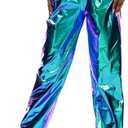 SIAEAMRG Womens Shiny Metallic High Waist Stretchy Jogger Pants, Wet Look Hip Hop Club Wear Holographic Trousers Sweatpant (S)