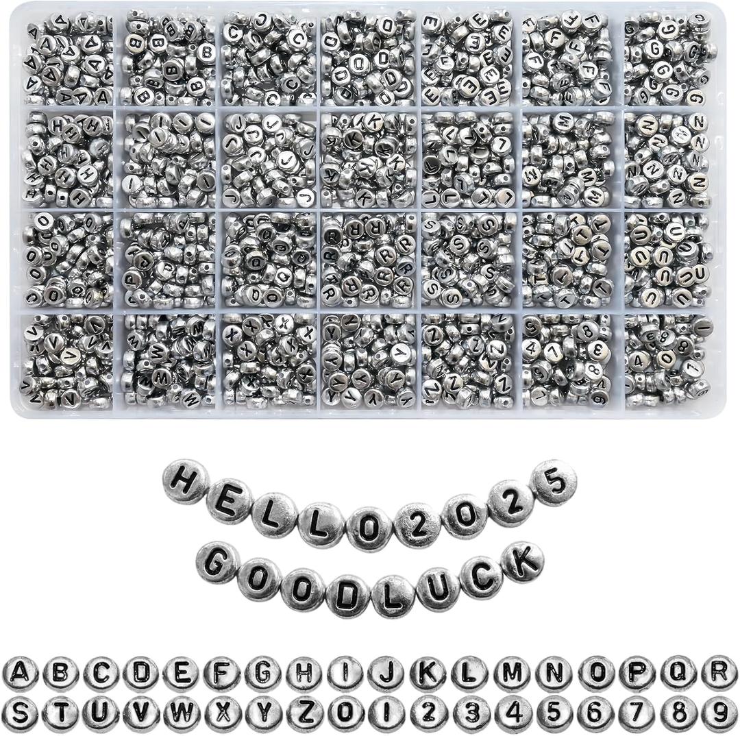 1400pcs Letter Beads Silver 7x4mm Black on Silver for Jewelry Making Bracelet Hair Braids Crafts