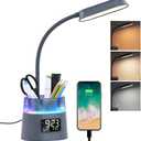 WILIT LED Desk Lamp for College Dorm Room Essentials, Students Study Lamp with USB Charging Port, Pen Holder, Clock & RGB Night Light, Office Desk Accessories, Table Lamp for Bedroom - Gray