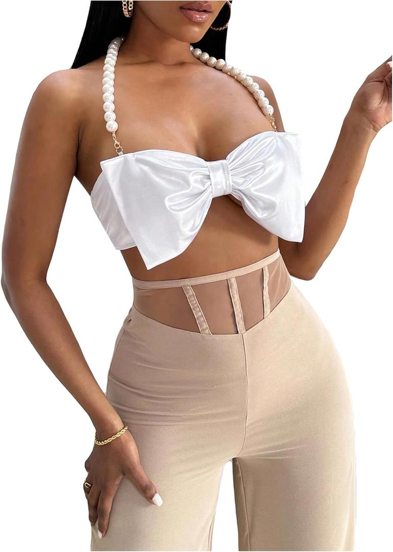 SOLY HUX Women's Pearls Beaded Halter Bow Front Cami Crop Tops Sexy Camisole (Medium)