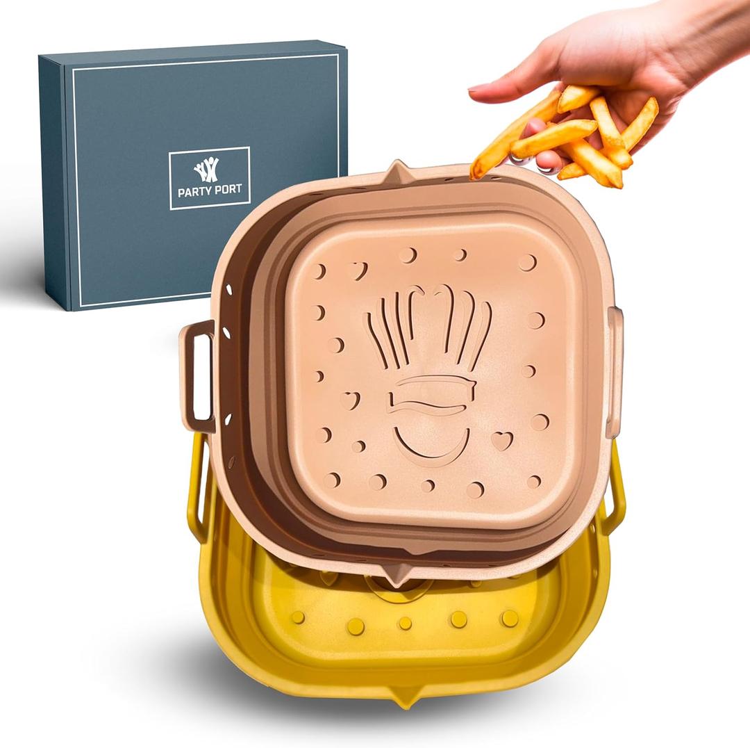 Platinum Silicone Air Fryer Liners Reusable Square-Extra Strong-Easy to Clean Air Fryer basket for Oven Microwave Accessories - BPA Free - Food Safe Pot for 5.8QT to 8 QT - 9 Inch (Golden Yellow & Mocha Mousse)