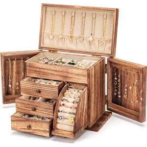 Jewelry Box Organizer, Solid Wood Jewelry Boxes for Women for Storage & Display Necklace Ring Earring Bracelet, Rustic Style Jewelry Organizer Box for Women Gifts (Carbonized Brown)