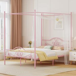 Weehom Full Canopy Bed Frame with Headboard and Footboard, Four-Poster Metal Canopied Platform Bed Mattress Foundation Underbed Storage Space No Box Spring Needed for Girls Adults Pink