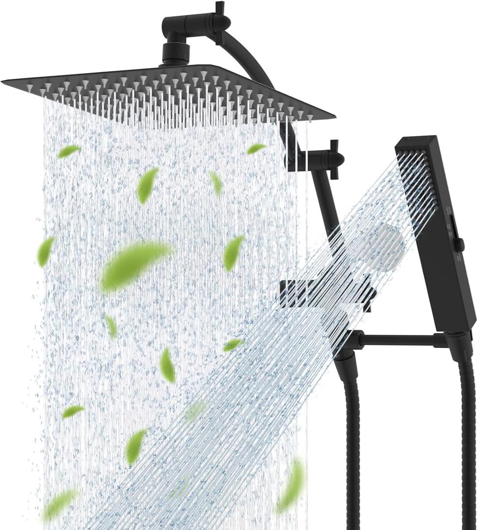 Hibbent All Metal CUPC Certified 10'' Rainfall Shower Head, Dual Shower Head Combo, High Pressure Handheld 4 Sprays Shower Wand, 16'' Adjustable Extension Arm, 71'' Hose, Shower Holder, Matte Black