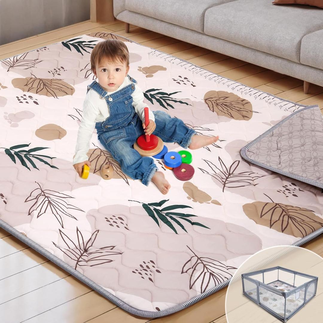 71x59 Playpen Mat Foam, Large Baby Play Mat for Babies Kids Toddlers Infants Floor Crawling, Washable Cushioning Padded Playmat for Indoor Outdoor, Baby Gifts for Boys Girls, Boho Leaf