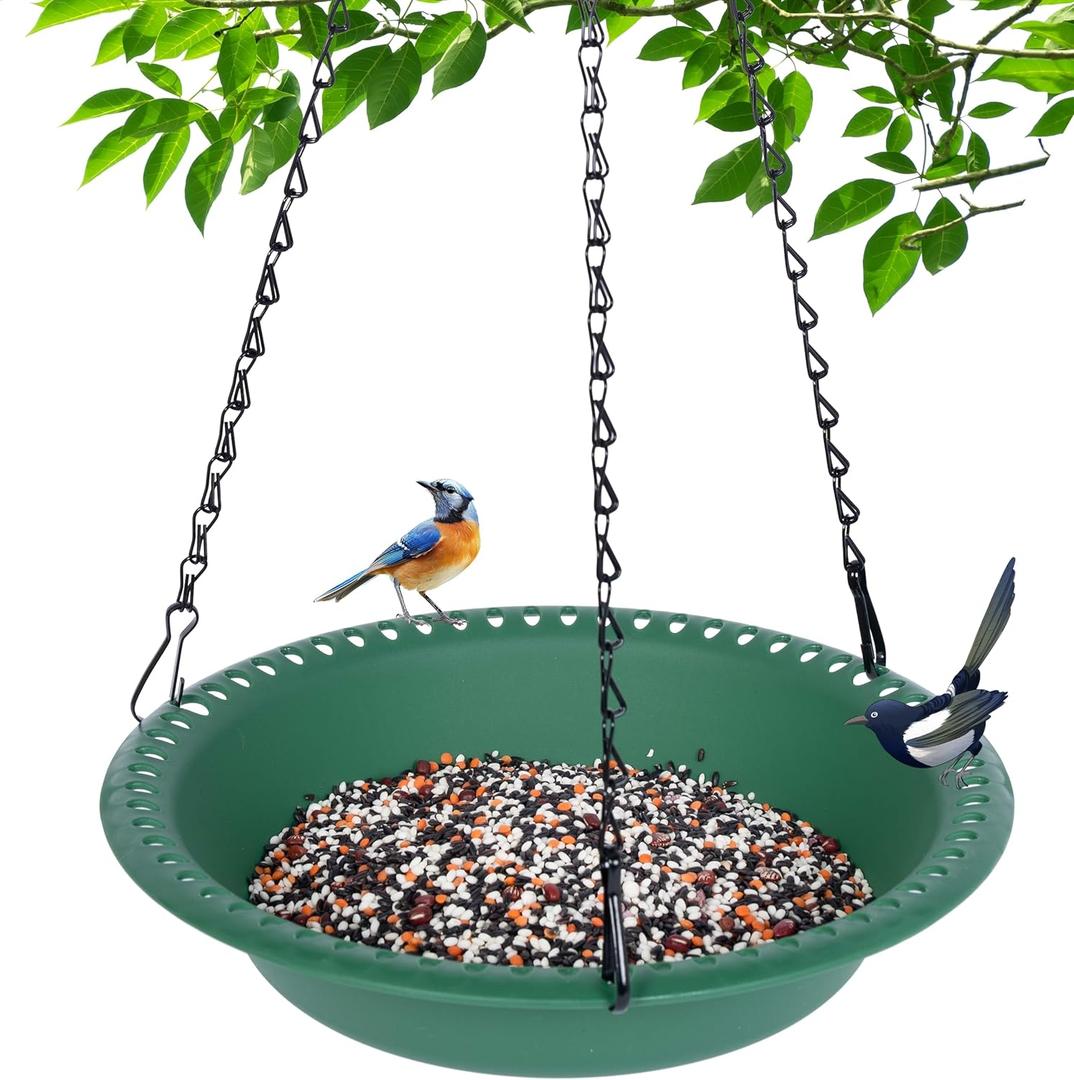 Hanging Bird Feeder Tray with Drainage Holes for Outside Fit Most Seed, Rugged Recycled Plastic Feeding Station, Great for Attracting Wild Birds (12 inch, Green)