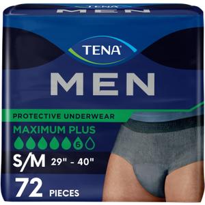 TENA Men Maximum Plus Incontinence Underwear, S/M 29-40in, Gray, 72 ct